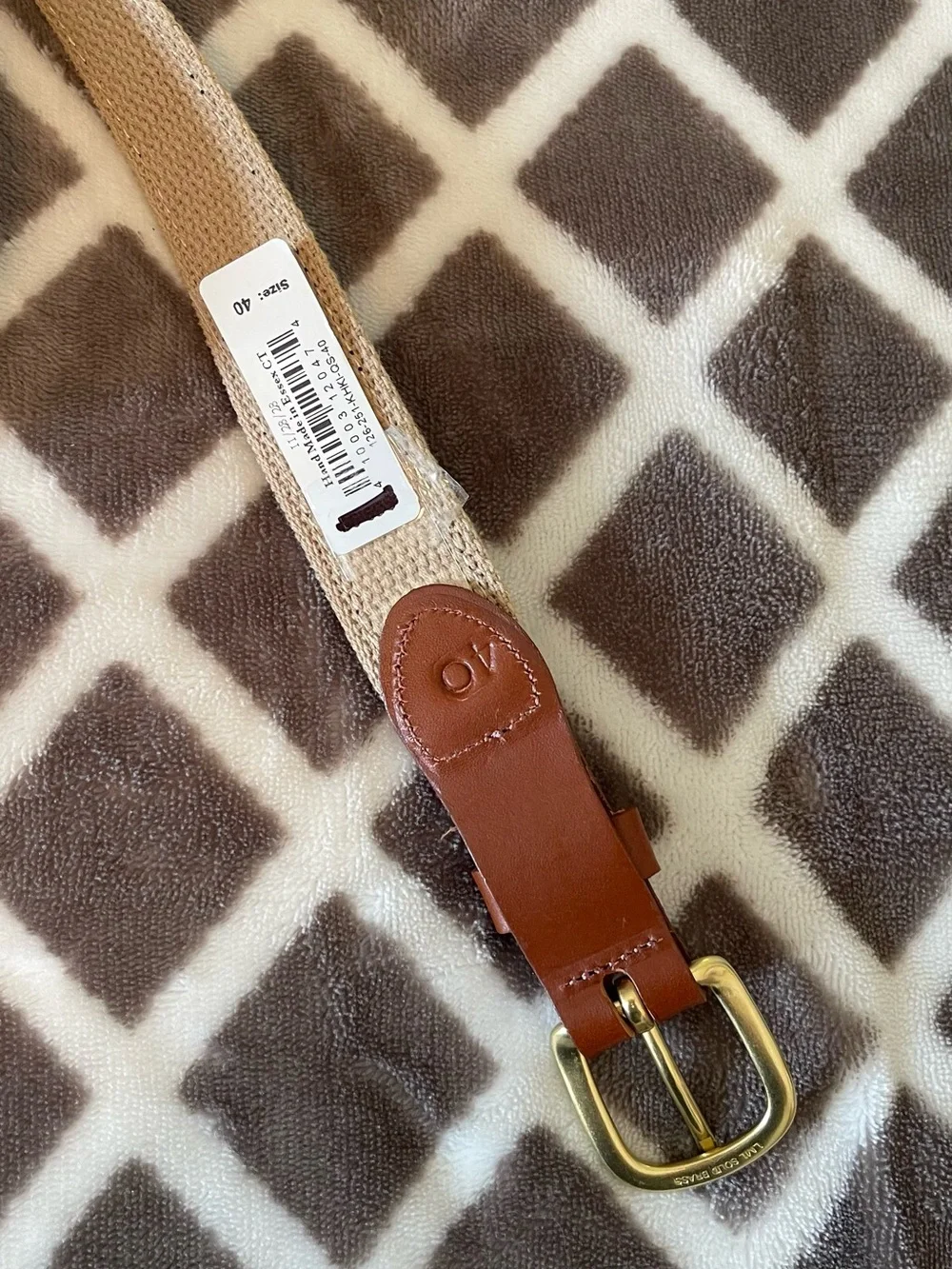 Men's Navy Woven Fish Embroidered Belt with Tan Leather Trim